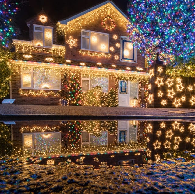 Maximalist Holiday Light Display Monochromatic Cool Palette Blue