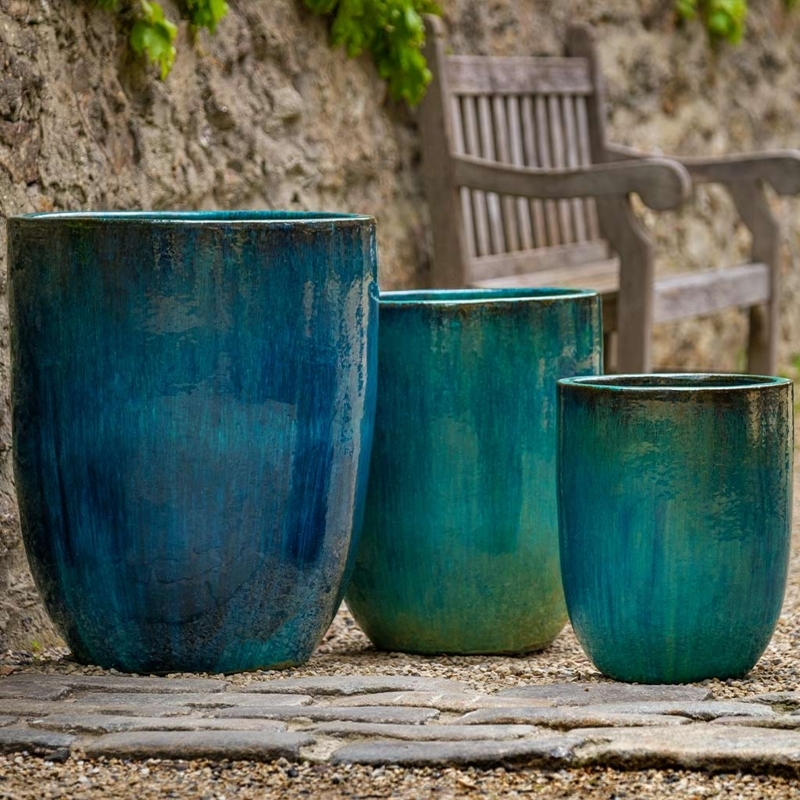 Mediterranean Blue Glazed Planter Set with Bullet Silhouette for Patio.