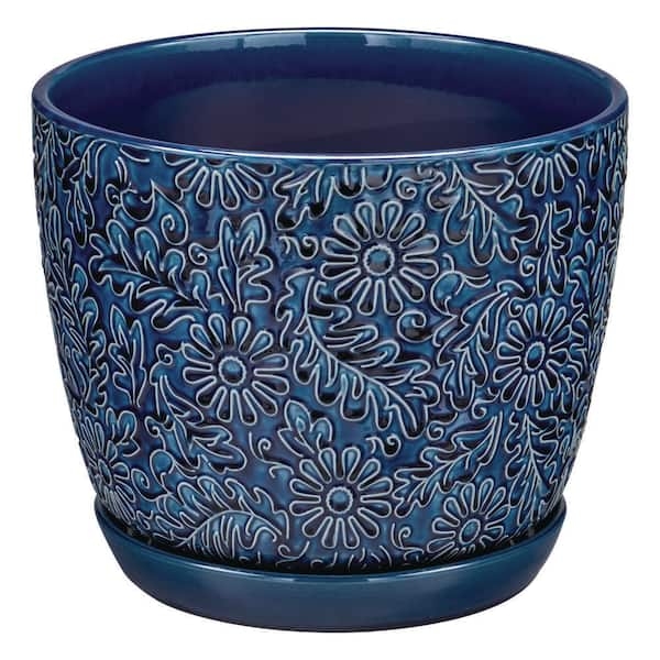 Medium Blue Planter with Floral Embossed Design and Attached Saucer
