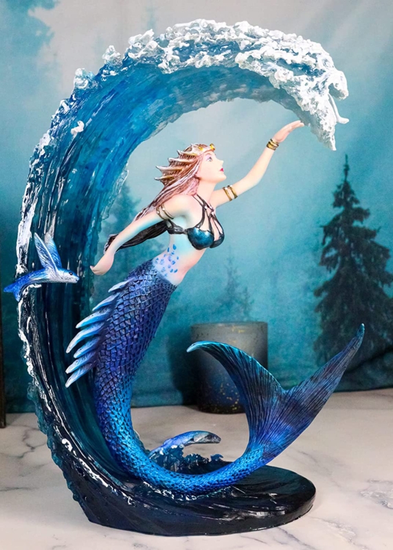 Mermaid Figurine with Translucent Wave Base in Surfing Pose