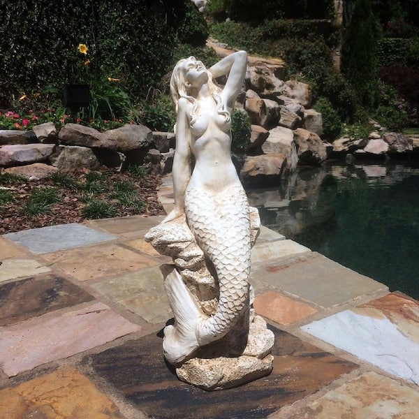 Mermaid Statue Antique White Finish Distressed Shading Rock Base Coastal