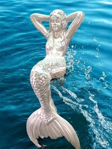 Mermaid Statue: Large Metallic Silver Bench Sitter Pose