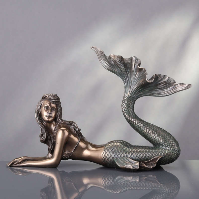 Mermaid Statue Reclining Pose Verdigris Accents Antique Bronze