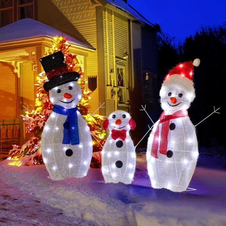 Mesh Snowman Family Set of 3 with Santa Hats, Warm LED