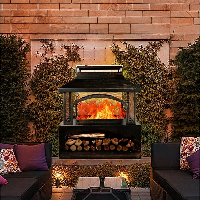 Metal Outdoor Fireplace with Rectangular Base and Mesh Screen