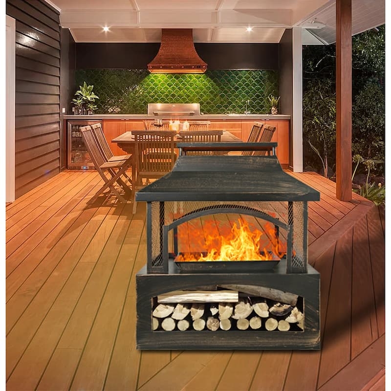 Metal Outdoor Fireplace with Side Hooks and Mesh Screen