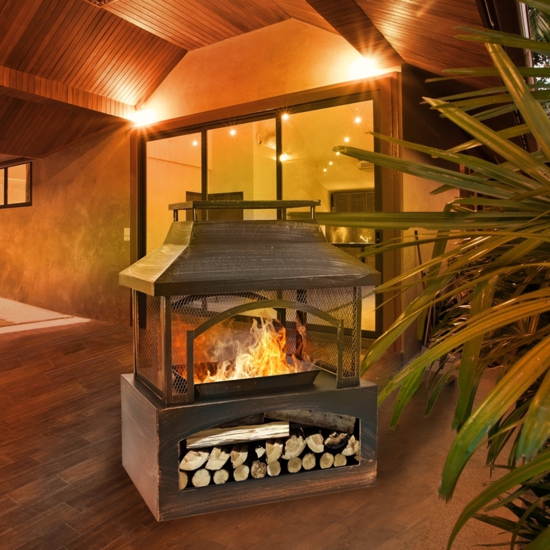Metal Outdoor Fireplace with Tapered Chimney and Mesh Screen