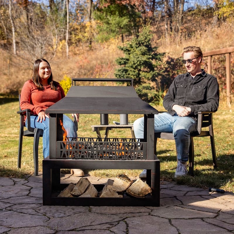 Metal Outdoor Fireplace with Vertical Silhouette and Chimney Vent