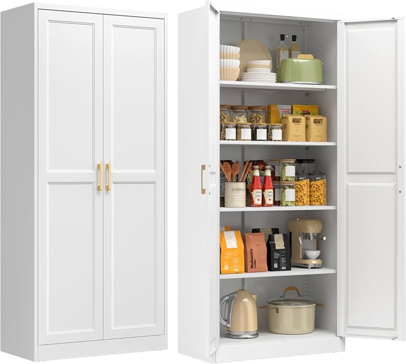 Metal Pantry Cabinet featuring Slim Vertical Handles, Minimalist Style.