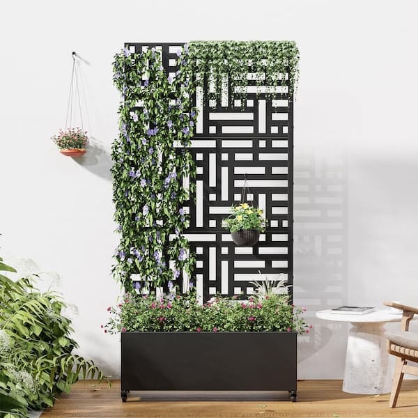 Metal Privacy Screen with Laser-Cut Leaf Pattern and Planter