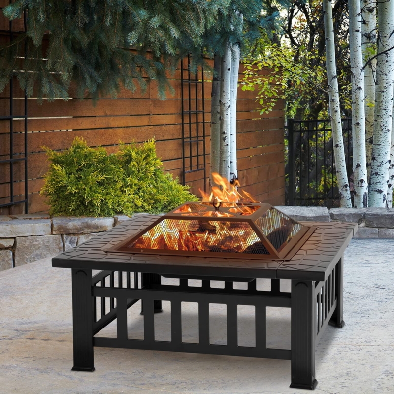 Metal Square Fire Pit with Decorative Faux Stone Rim