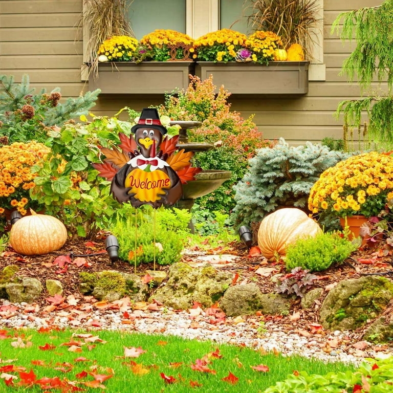 Metal Turkey Garden Stake Pumpkin Welcome Sign