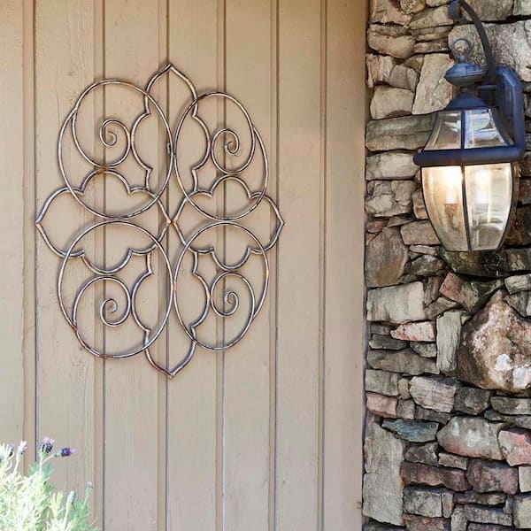Metal Wall Art Square Bronze Medallion with Ornate Filigree