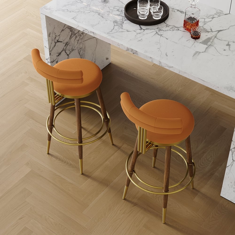Mid-Century Modern Orange Velvet Upholstery Bar Stools with Footrest |  homary