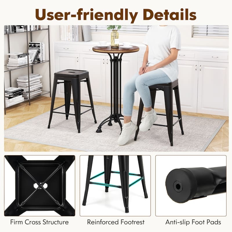 Minimalist Barstool Set of 4 Black Metal Stackable Square
