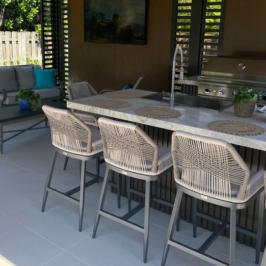 Minimalist Black Patio Stools with Low Profile Back and Metal Frame