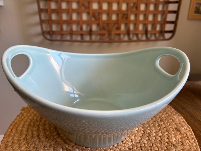 Minimalist Blue Stoneware Serving Bowl with Loop Handles & Speckles