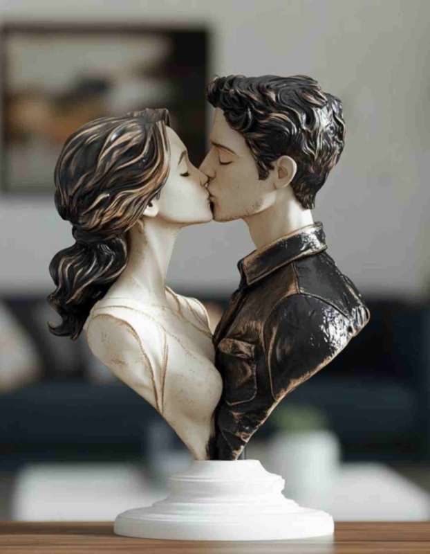 Minimalist Couple Bust Figurine, Textured Stone-Like, Wood Base