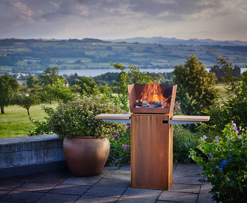 Minimalist Cube Outdoor Fireplace Integrated Log Storage
