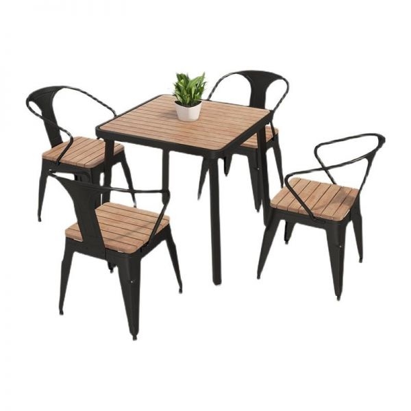 Minimalist Dining Table Caramel Black Contrast Slatted Top Metal Frame