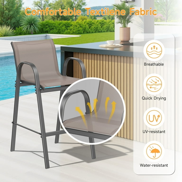 Minimalist Matte Black Outdoor Bar Stools Grey Textilene Mesh High Back