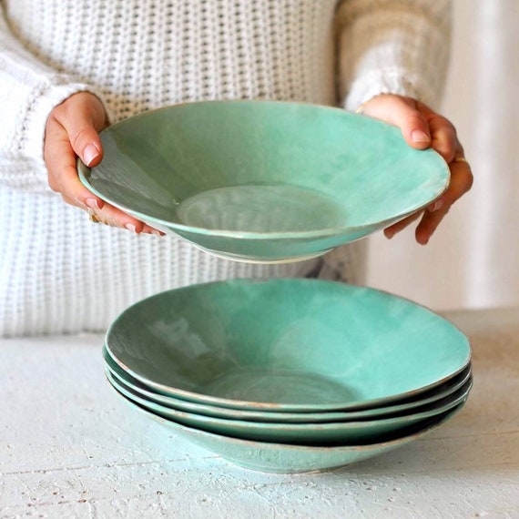 Mint Green Ceramic Serving Bowl Artisanal Pottery Dark Rim