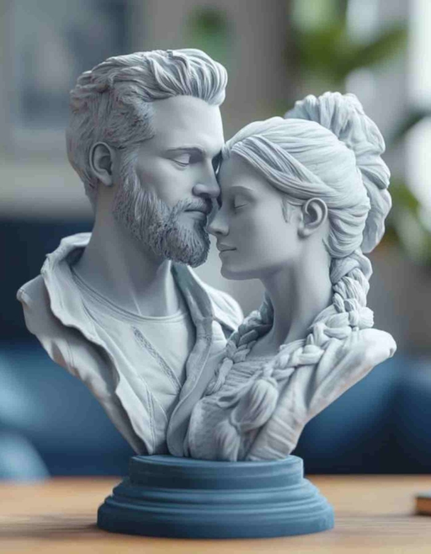 Modern 3D Printed Figurine, Metallic Gold Finish, Couple Bust