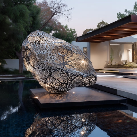 Modern Abstract Garden Sculpture Polished Silver Orange Hollow Design