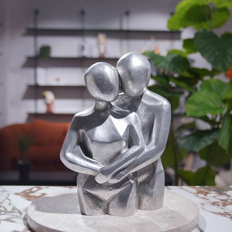 Modern Abstract Romantic Sculpture, Silver Couple in Abstract Hug Pose.