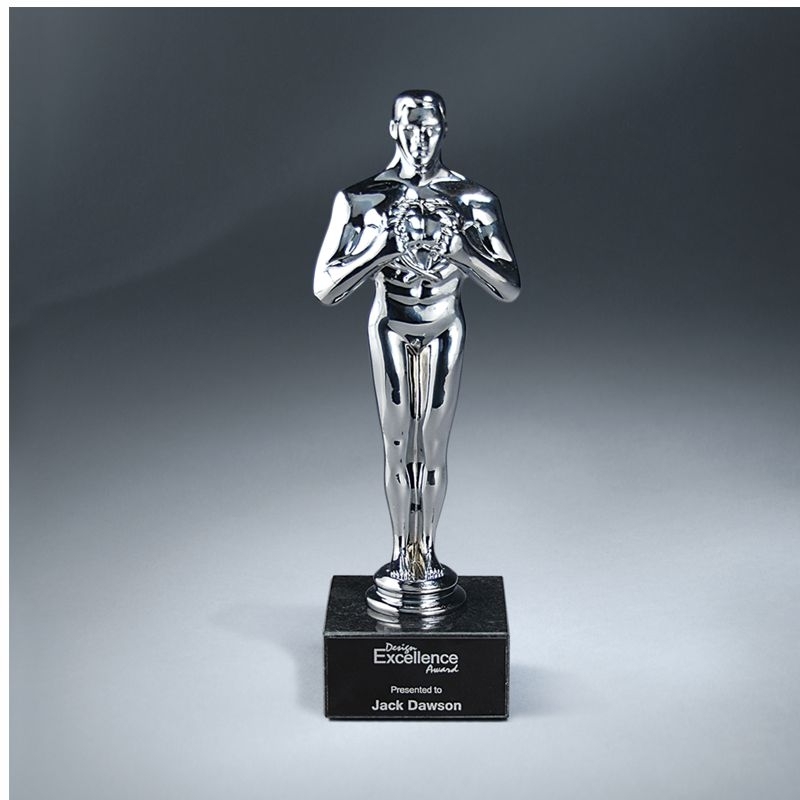 Modern Achievement Trophy Statue with Star on Tiered Metallic Base