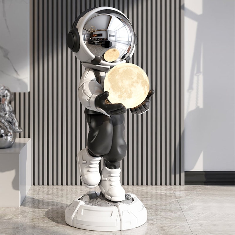 Modern Astronaut Floor Sculpture, Large Scale with Glowing Sphere.