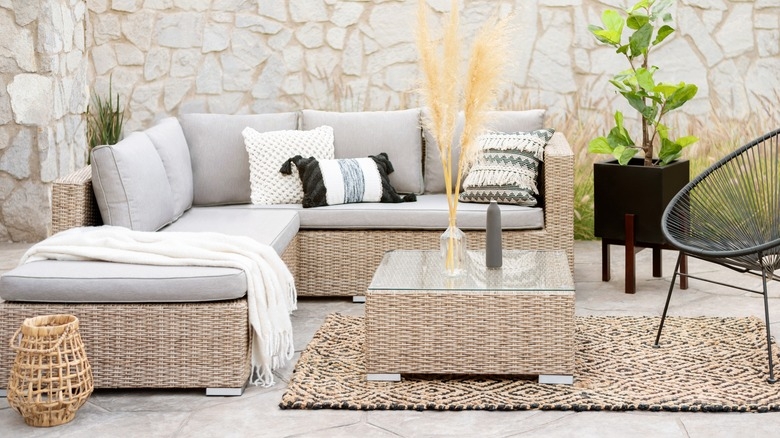 Modern Beige Outdoor Conversation Set featuring Integrated Fire Pit