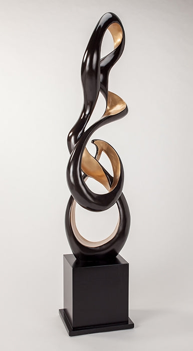 Modern Black And Gold Sculpture Slender Vertical Form Abstract Disc