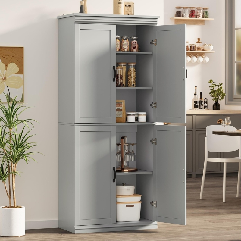 Modern Black Kitchen Pantry Cabinet with Matte Finish Four Doors