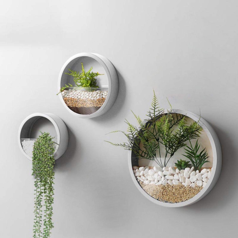 Modern Circular Wall Planter Set White Metal Glass Succulent Display