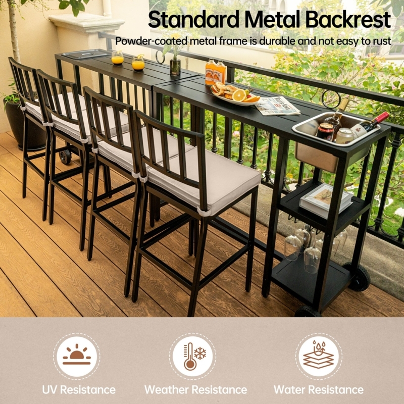 Modern Coastal Bar Stools Wood Look Metal Frame Black Woven Back Patio