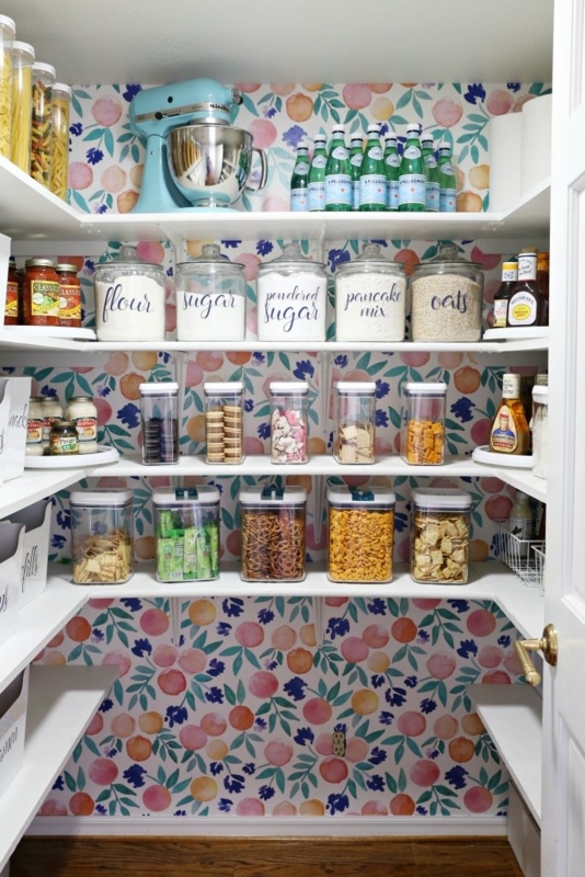 Modern Farmhouse Pantry Shelving with L-Shaped Layout and Wood Tones