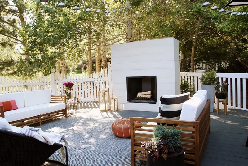 Modern Farmhouse Stark White Outdoor Fireplace with Wood Storage
