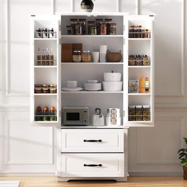 Modern Fluted Glass Pantry Cabinet with Gold Hardware