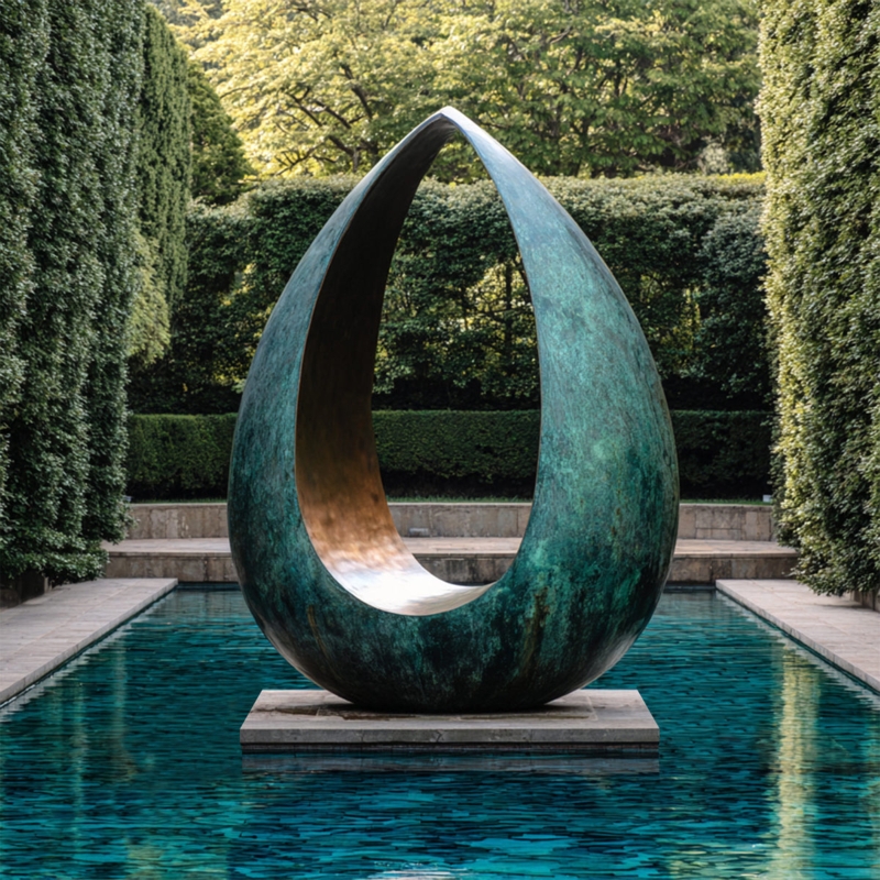 Modern Garden Sculpture Teardrop Silhouette Hollow Center Patina