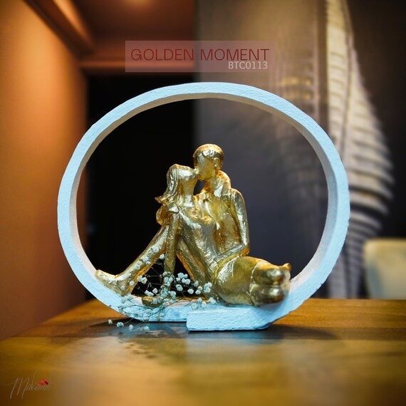 Modern Gold Couple Sculpture, Polished Finish, Abstract Design