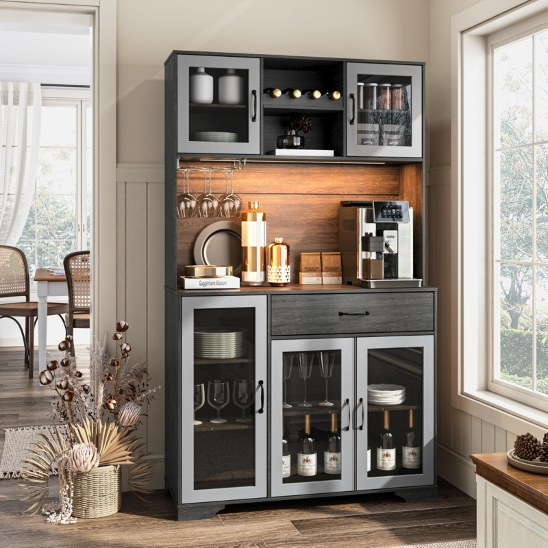 Modern Grey Kitchen Hutch with Integrated LED Lighting & Wine Rack