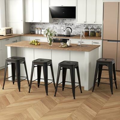 Modern Industrial Bar Stool Set of 4 Black Metal Handle