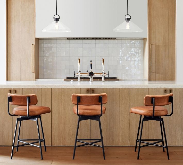 Modern Industrial Bar Stool Tan Leather-like Swivel Base X-Brace