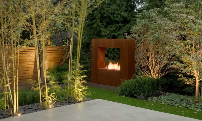 Modern Linear Outdoor Fireplace in Weathered Corten Steel