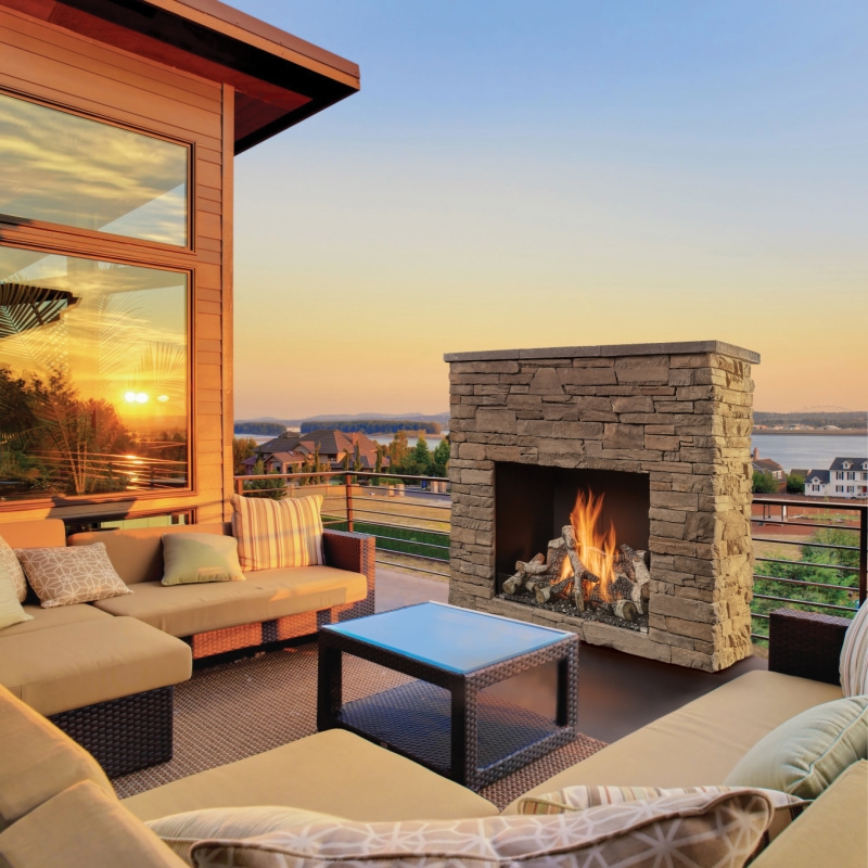 Modern Linear Outdoor Fireplace with Reflective Fire Glass Detail