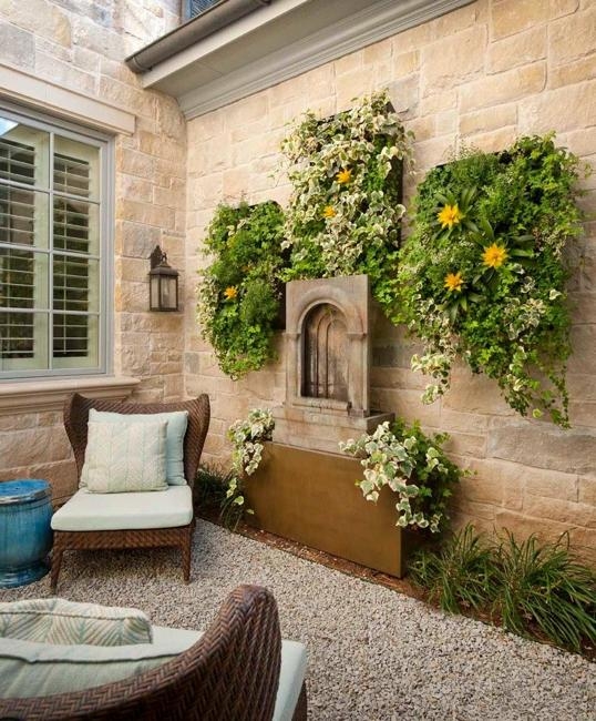 Modern Living Wall with Textured Foliage Mix and Integrated Water Base
