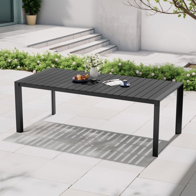 Modern Metal Frame Patio Table, Rectangular with Wood-Toned Slats