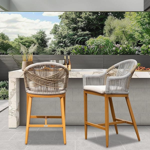 Modern Outdoor Bar Stool Seating Round Backrest Teak Finish Frame