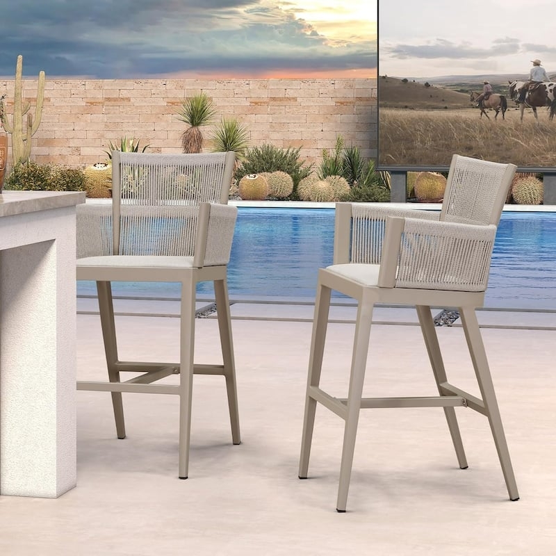 Modern Outdoor Bar Stools with Charcoal Woven Bucket Seats on Metal Legs